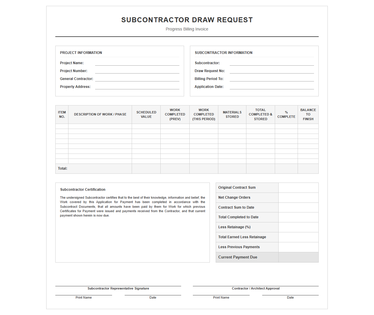 Subcontractor Draw Request Billing Invoice