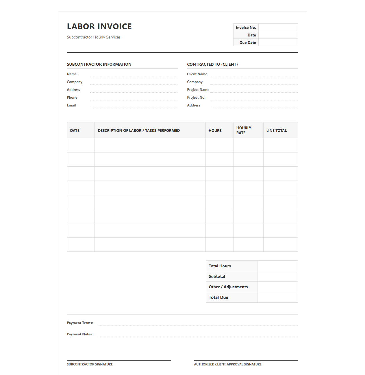 Subcontractor Hourly Labor Invoice Form