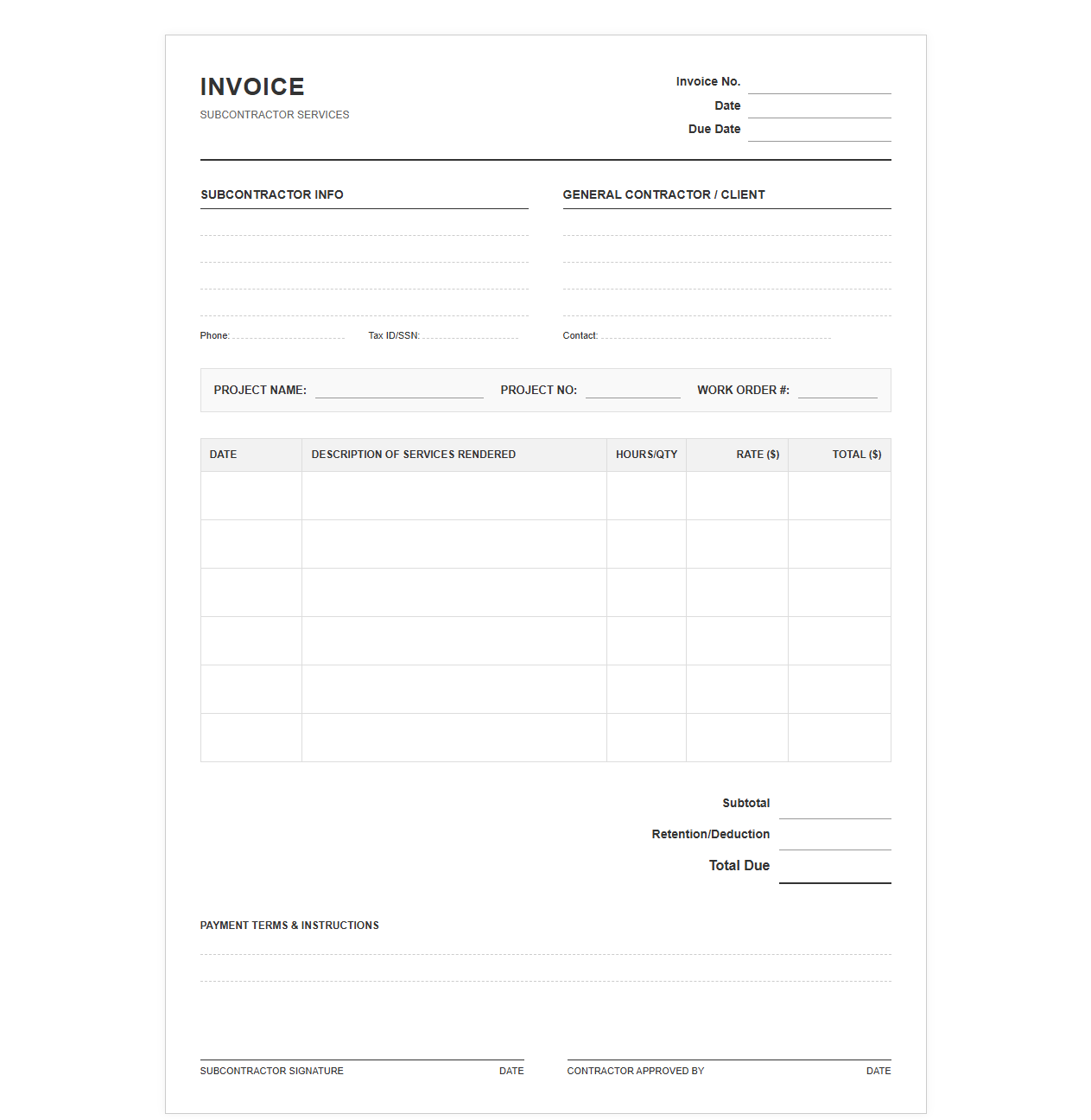 Subcontractor Service Invoice Form