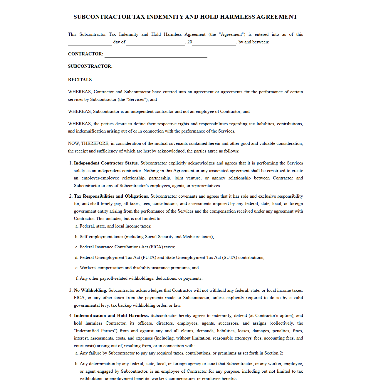 Subcontractor Tax Indemnity and Hold Harmless Agreement
