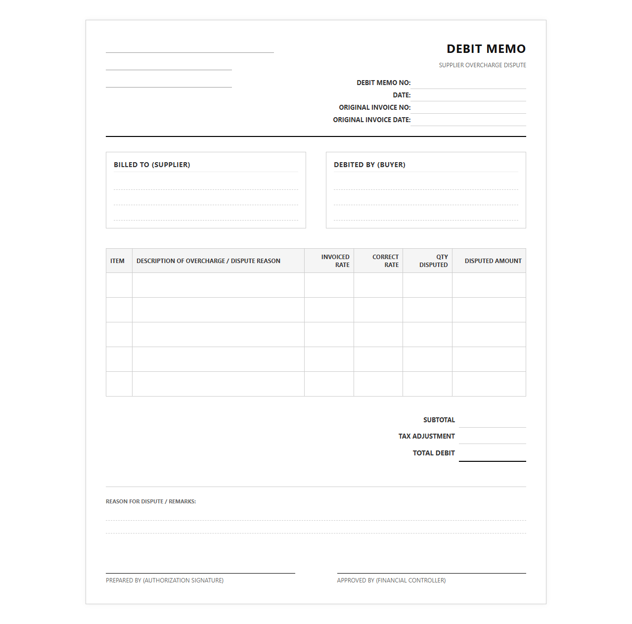 Supplier Overcharge Dispute Debit Memo Layout