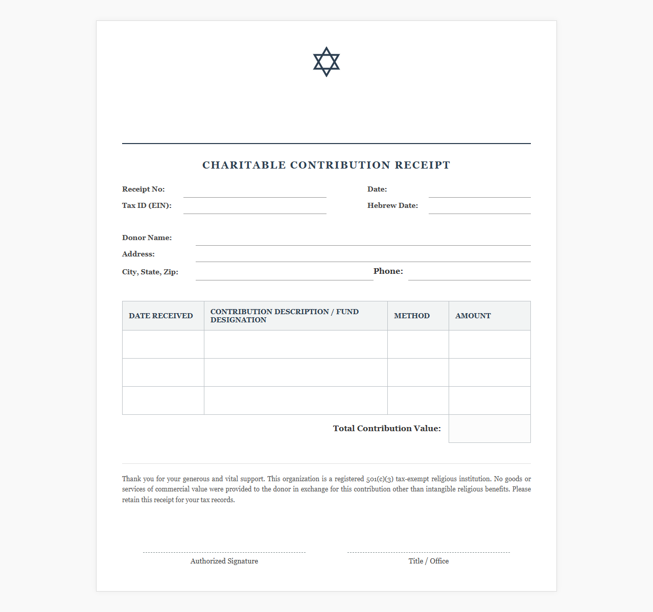 Synagogue Charitable Contribution Receipt Template