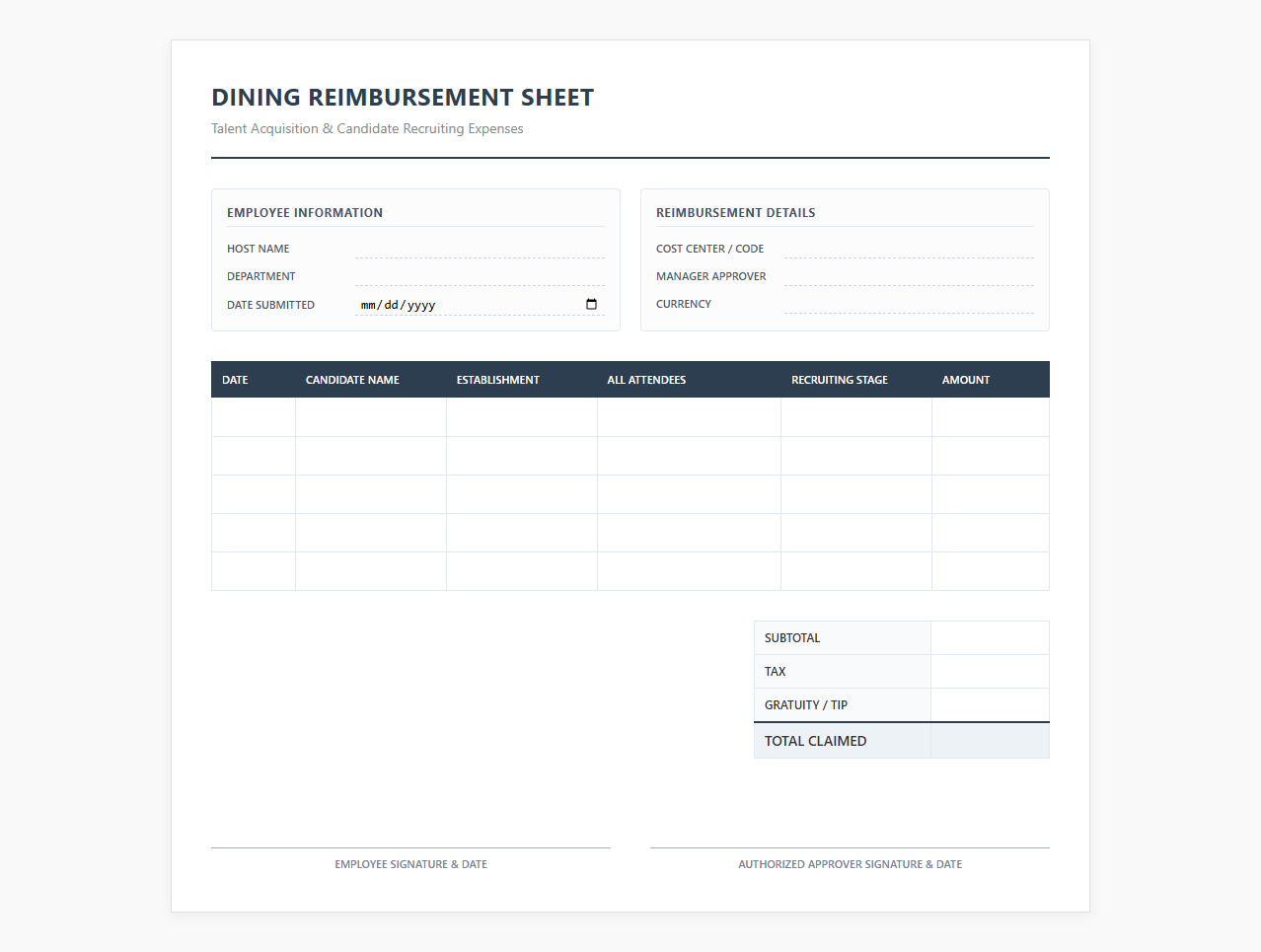 Talent Acquisition Dining Reimbursement Sheet