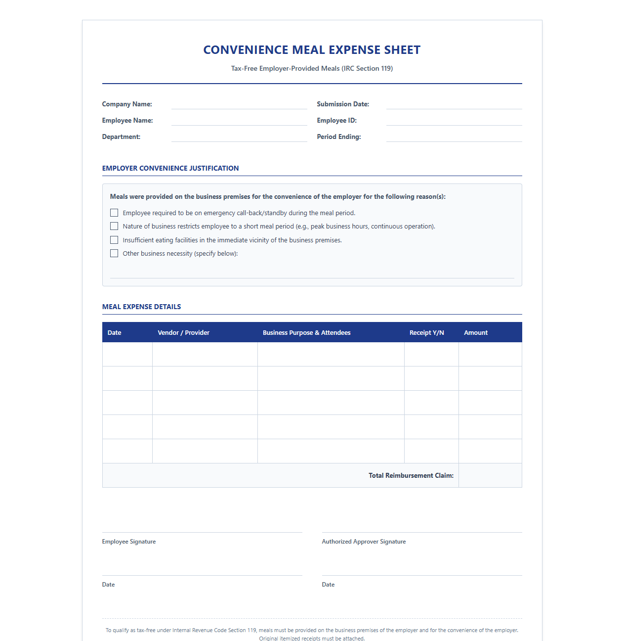 Tax-Free Employer Convenience Meal Expense Sheet