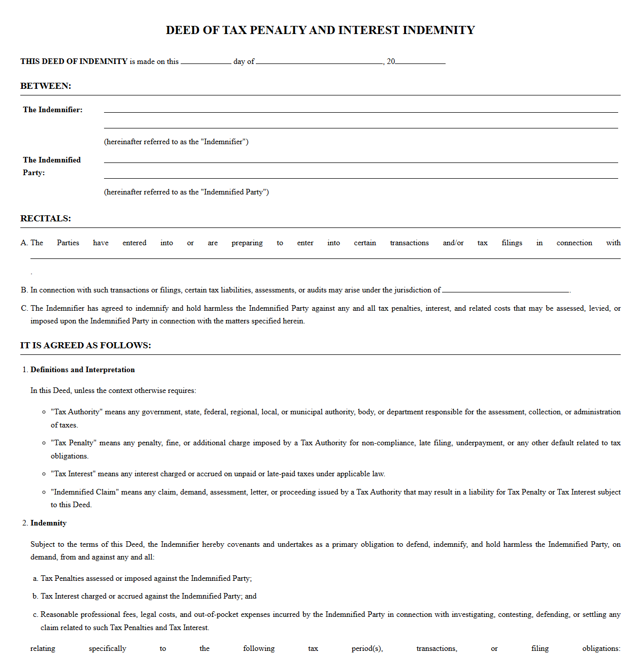 Tax Penalty and Interest Indemnity Deed