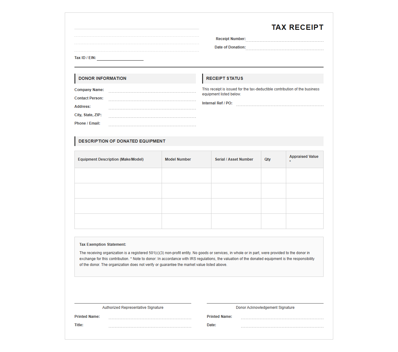 Tax Receipt for Donated Business Equipment