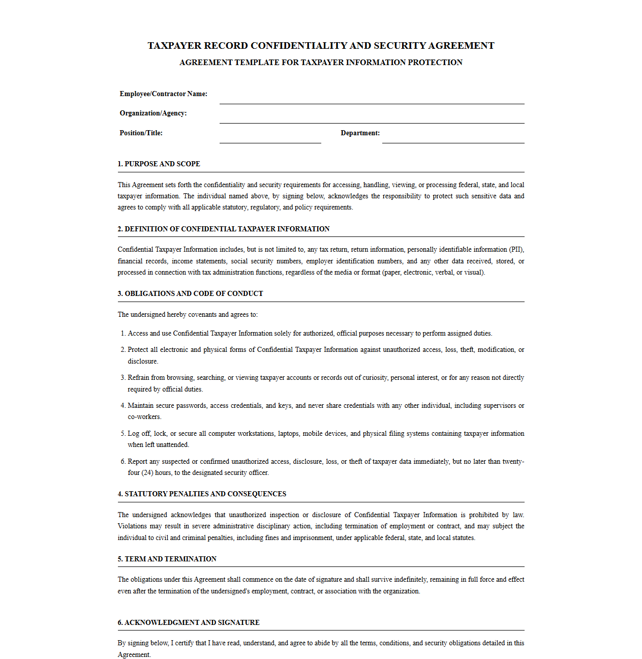 Taxpayer Record Confidentiality and Security Agreement