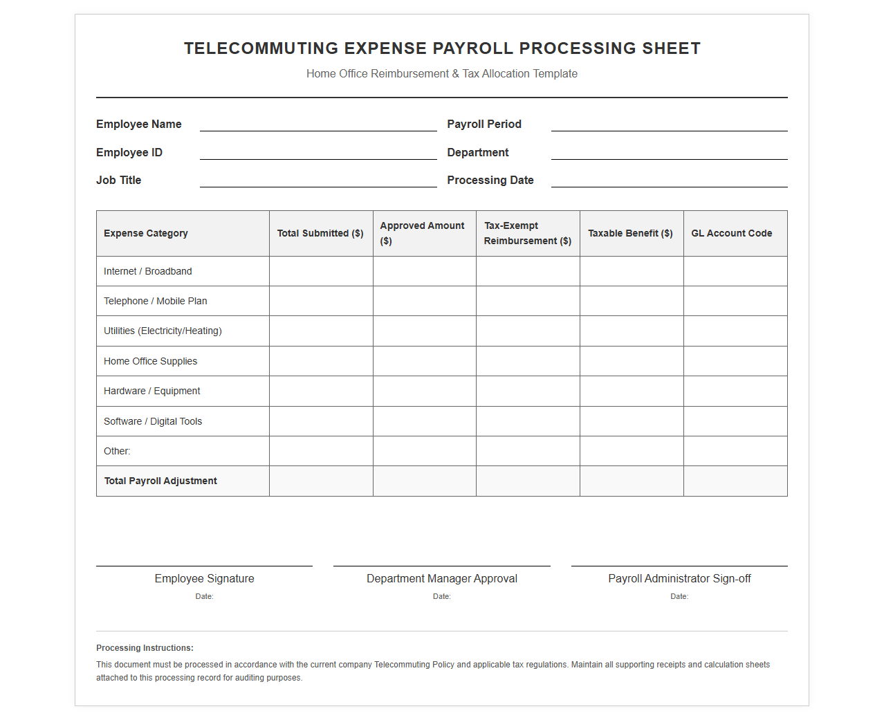 Telecommuting Expense Payroll Processing Sheet