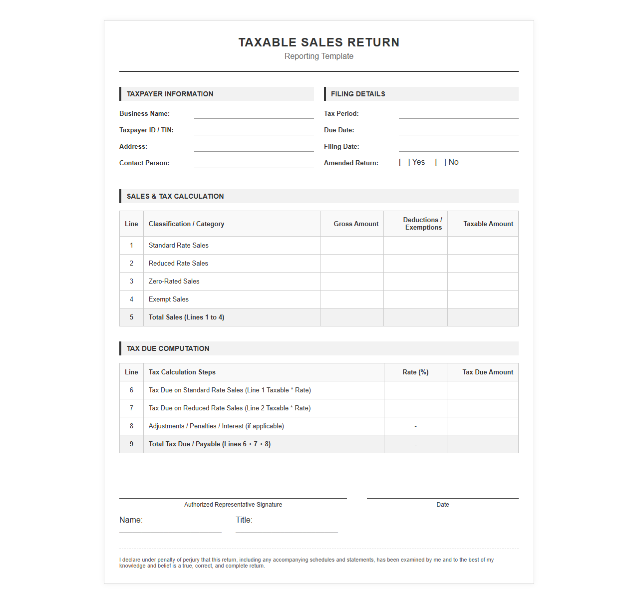 Template for Reporting Taxable Sales Returns