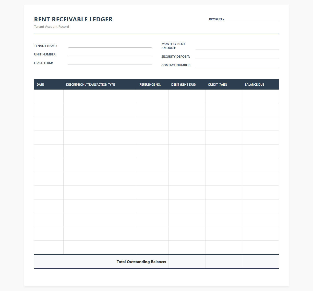 Tenant Rent Receivable Ledger