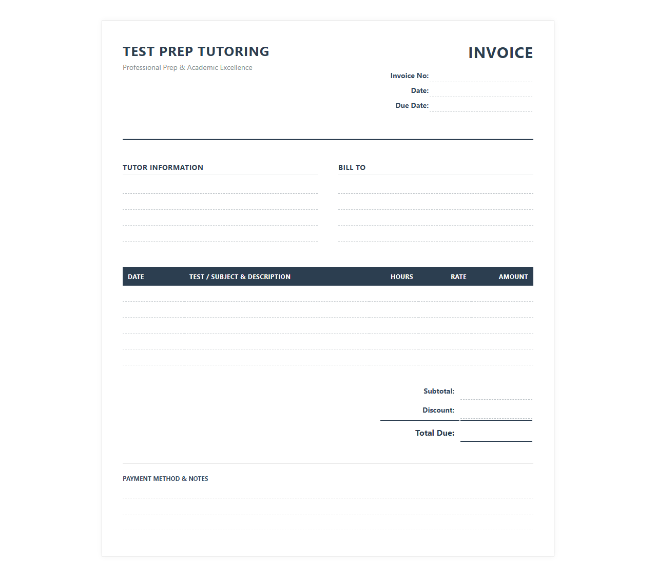 Test Prep Tutoring Service Invoice Sheet