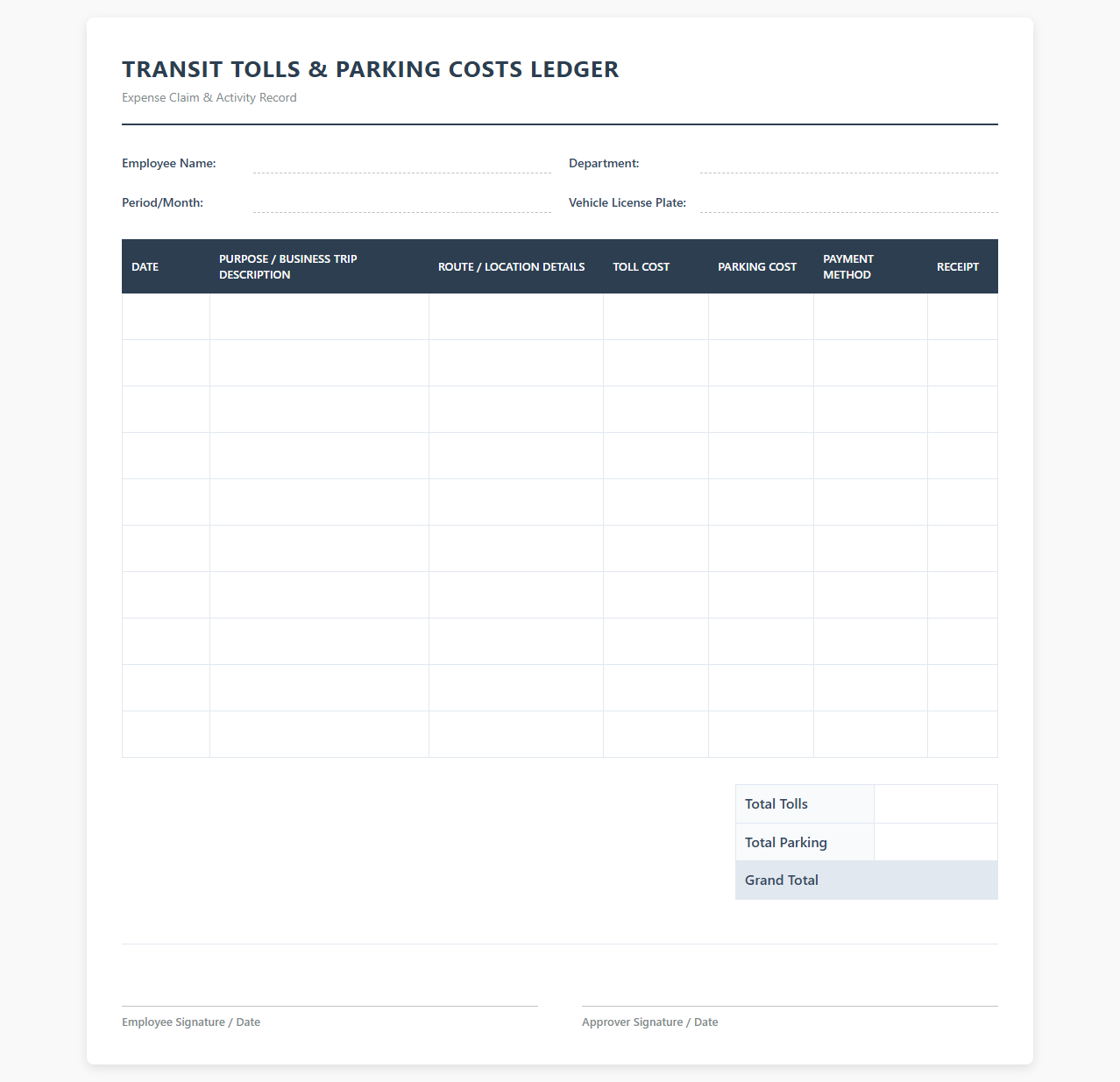 Transit Tolls and Parking Costs Ledger
