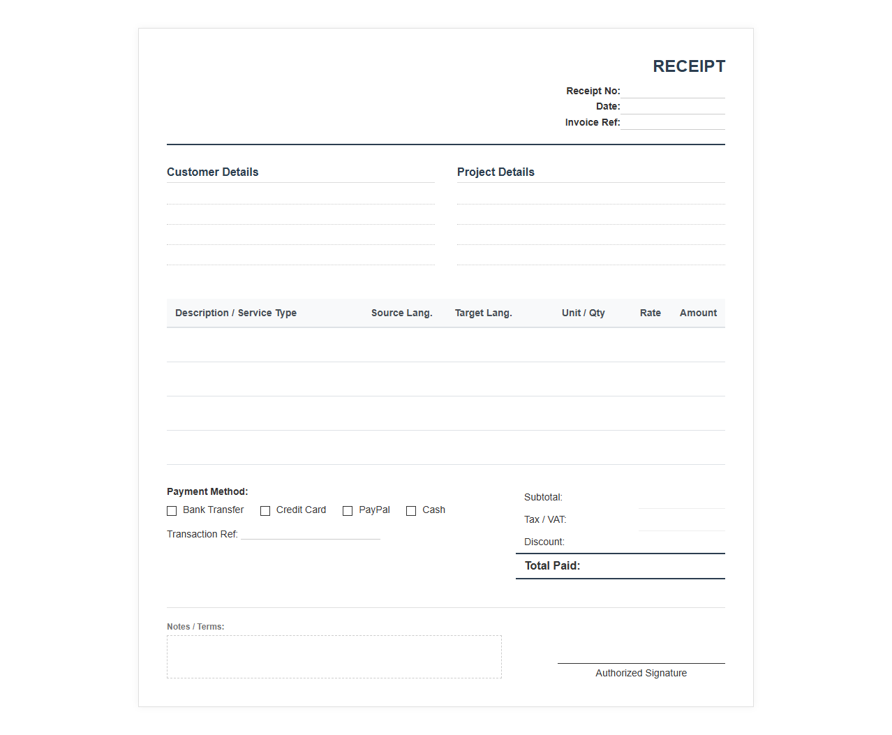 Translation Agency Customer Receipt Template