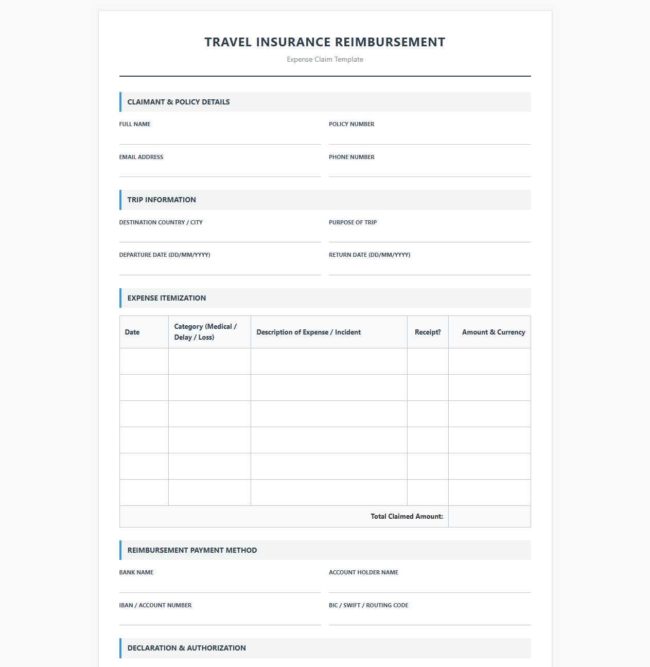 Travel Insurance Reimbursement Expense Template