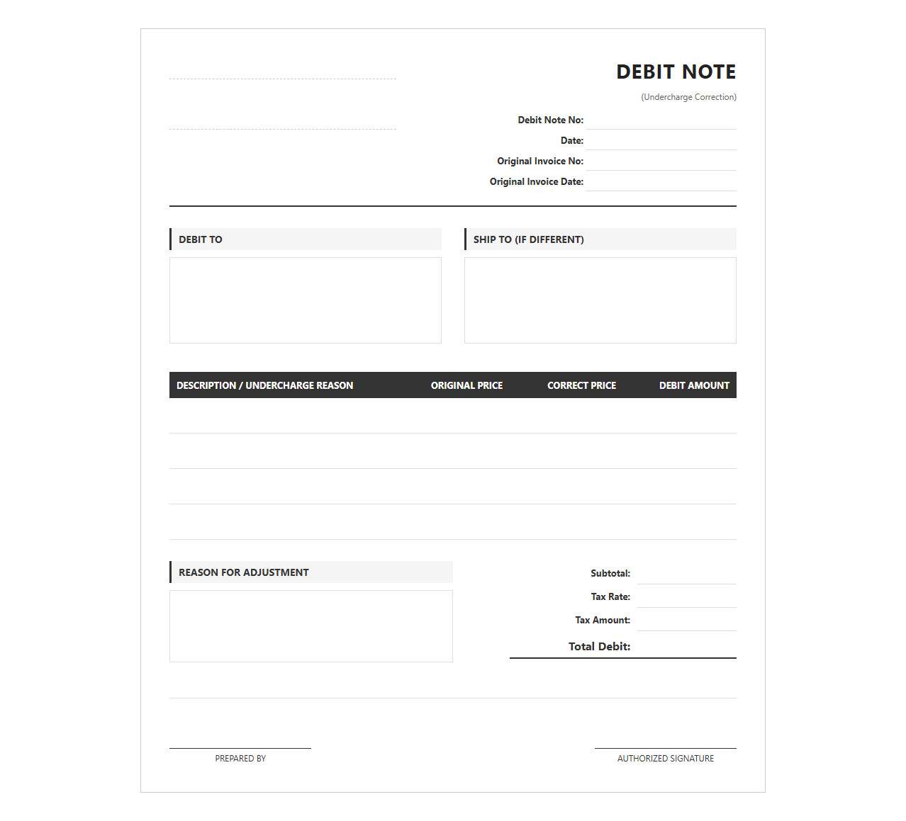Undercharge Debit Note Invoice Template