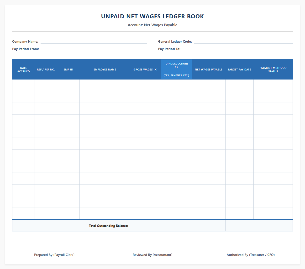 Unpaid Net Wages Ledger Book