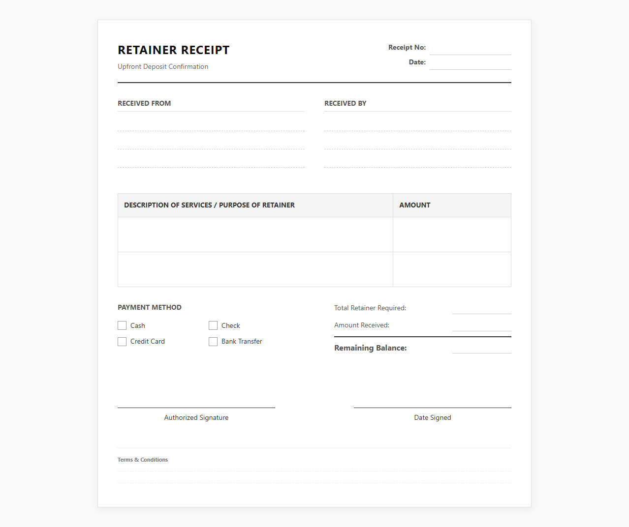 Upfront Retainer Deposit Payment Receipt