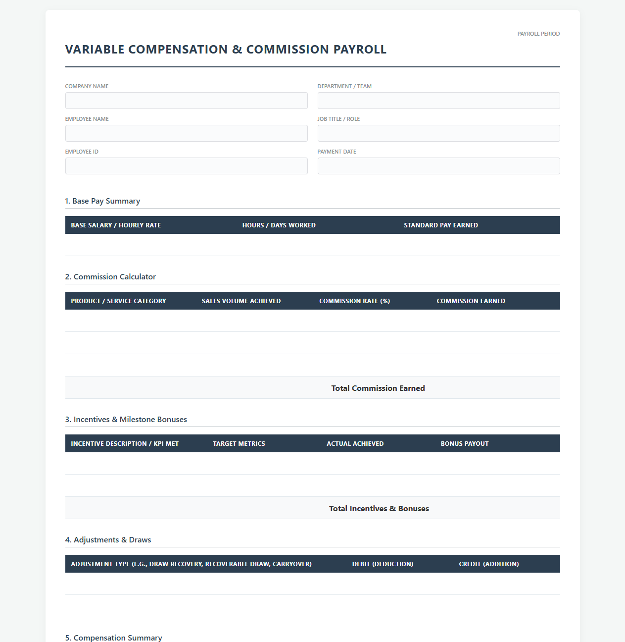 Variable Compensation and Commission Payroll Template