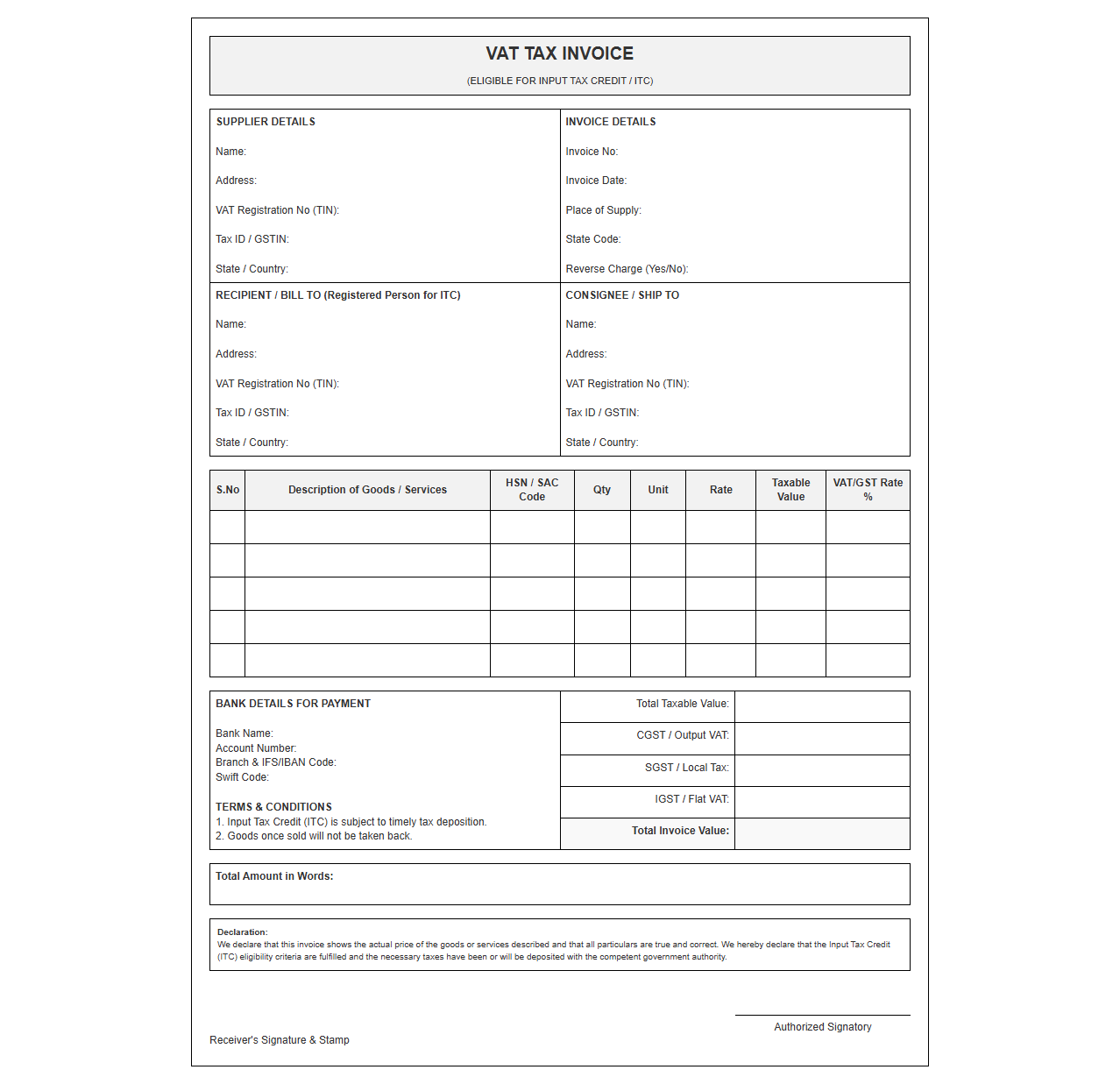 VAT Invoice Layout with Input Tax Credit Details