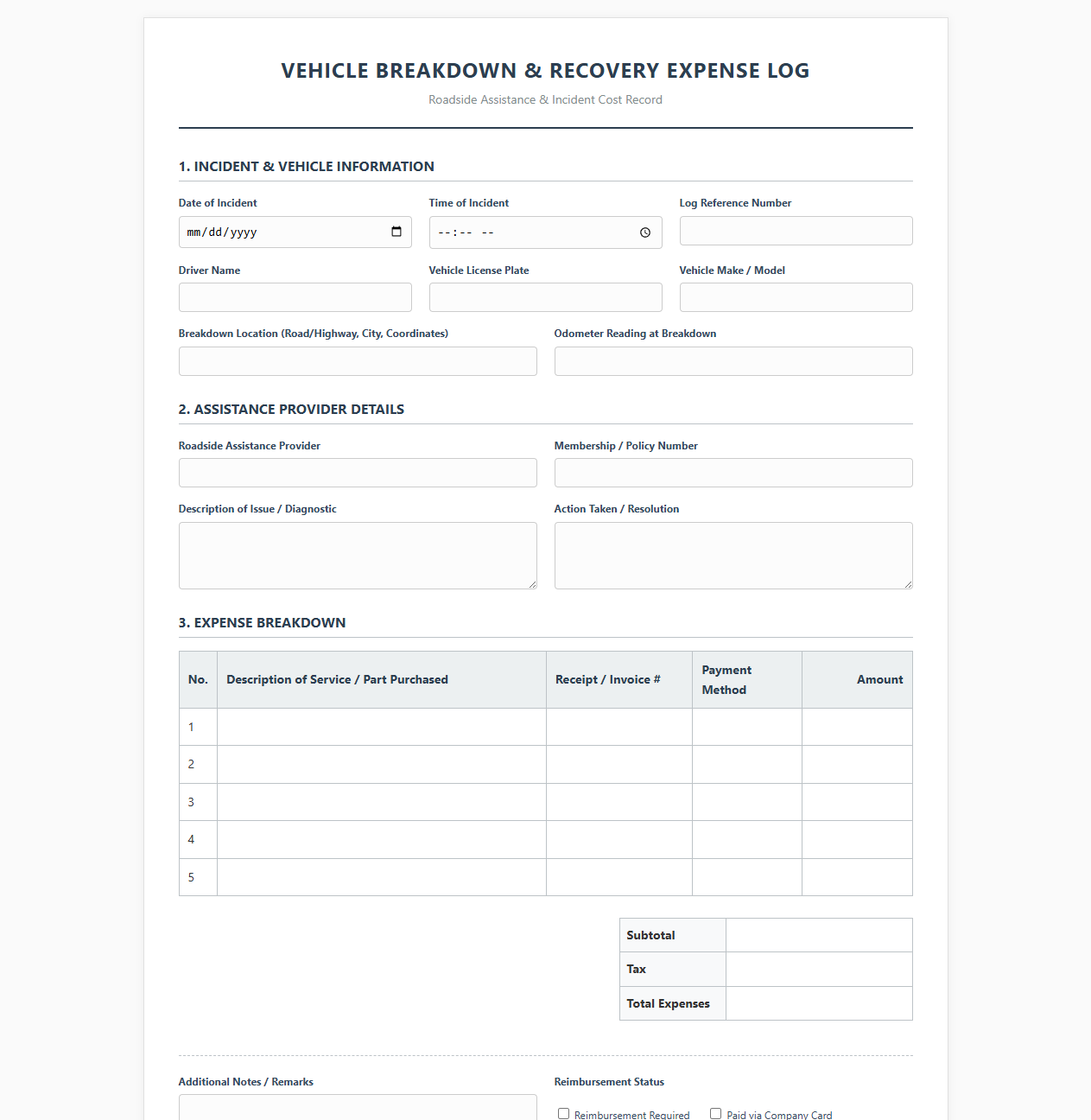 Vehicle Breakdown and Recovery Expense Log