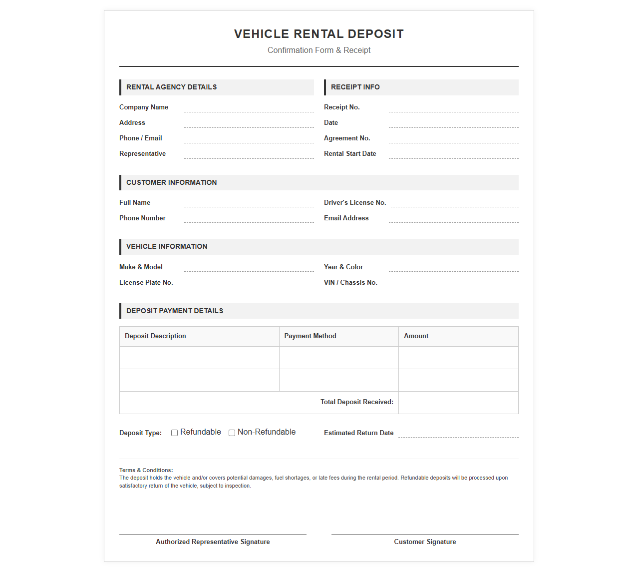 Vehicle Rental Deposit Confirmation Form