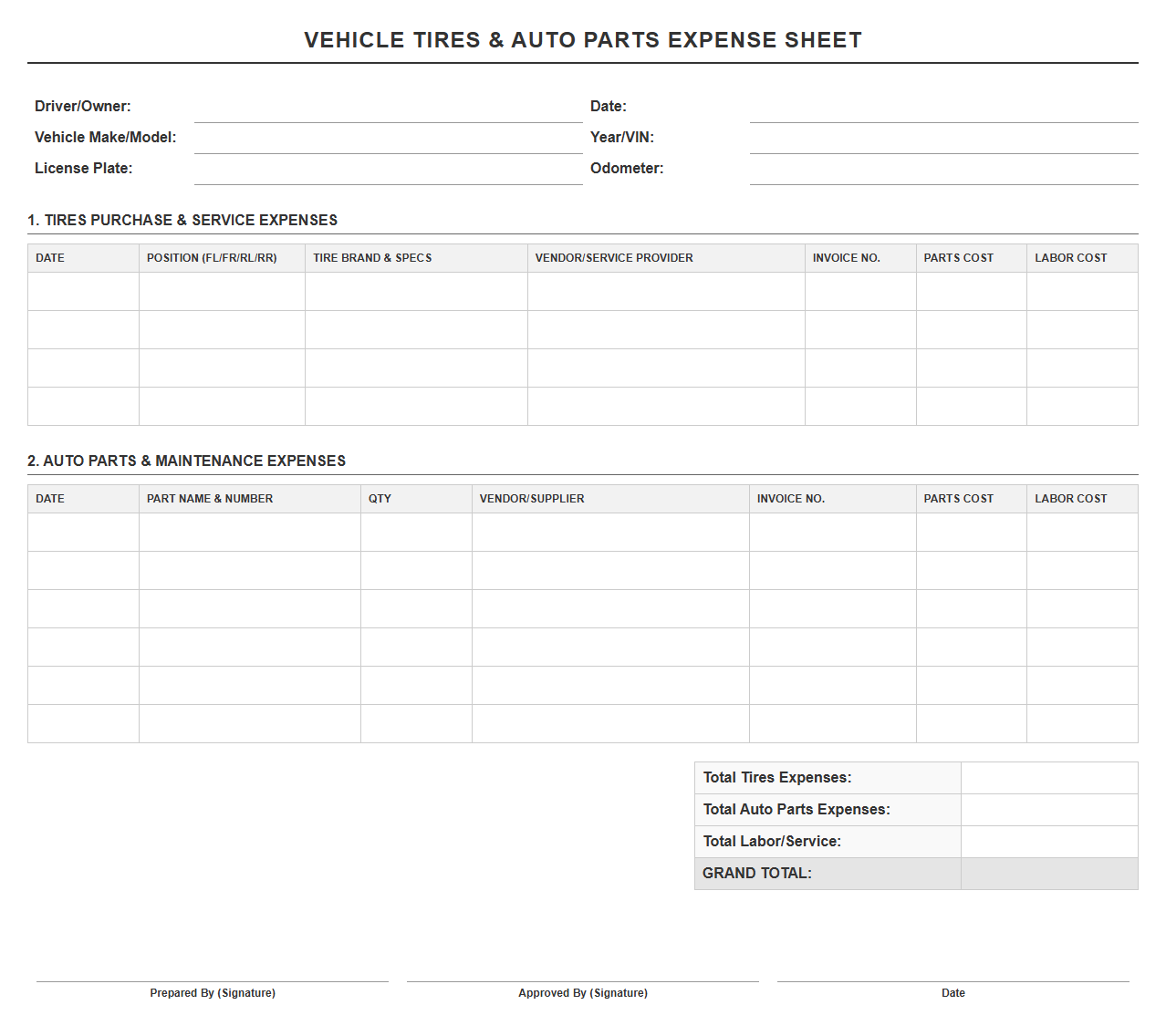 Vehicle Tires and Auto Parts Expense Sheet