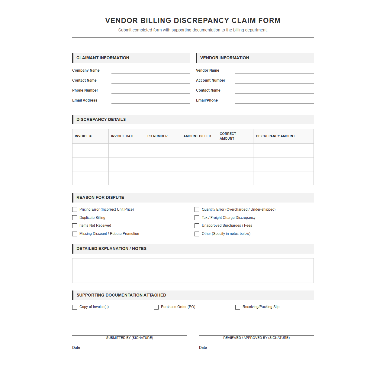 Vendor Billing Discrepancy Claim Form