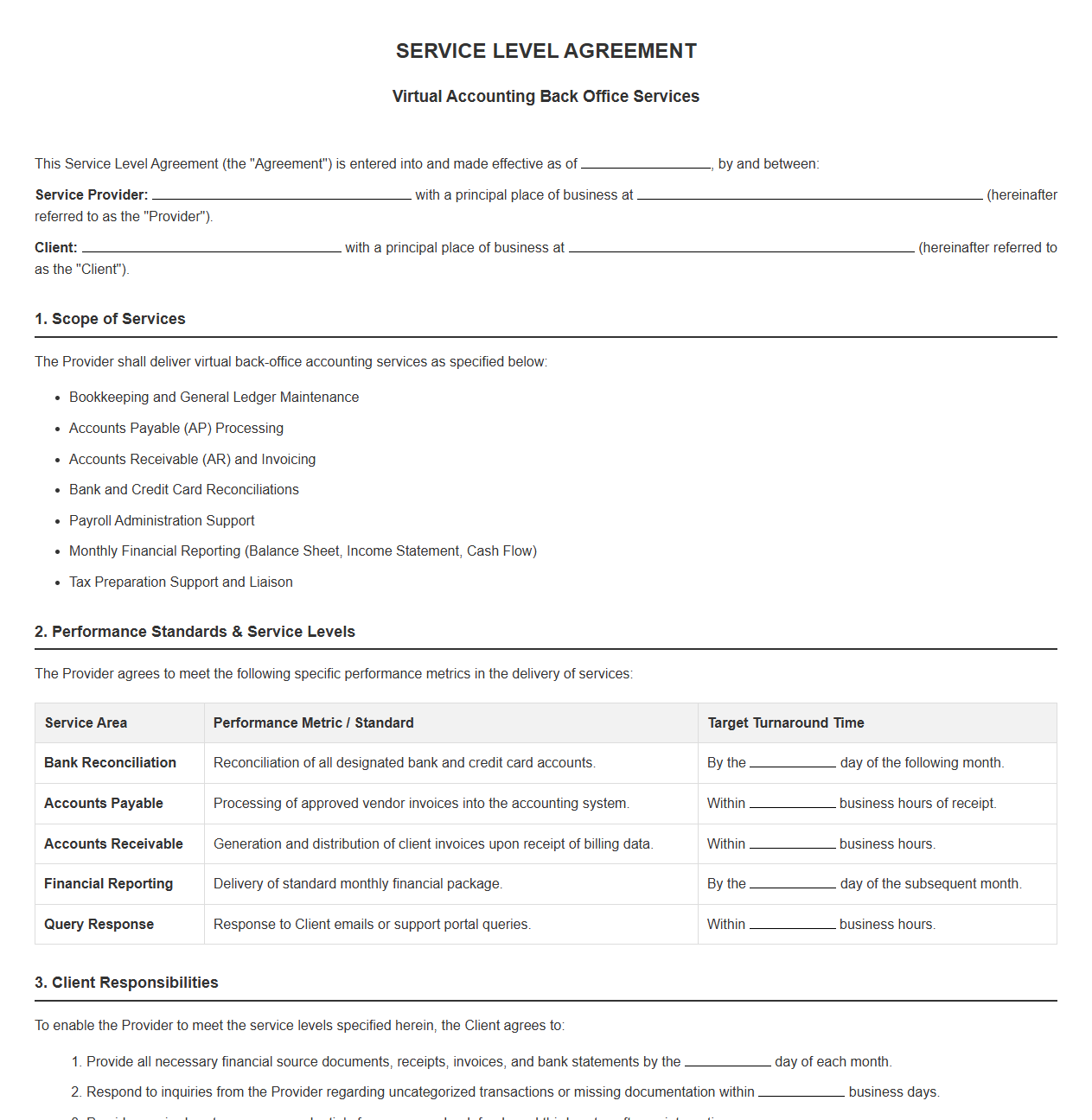 Virtual Accounting Back Office Service Level Agreement