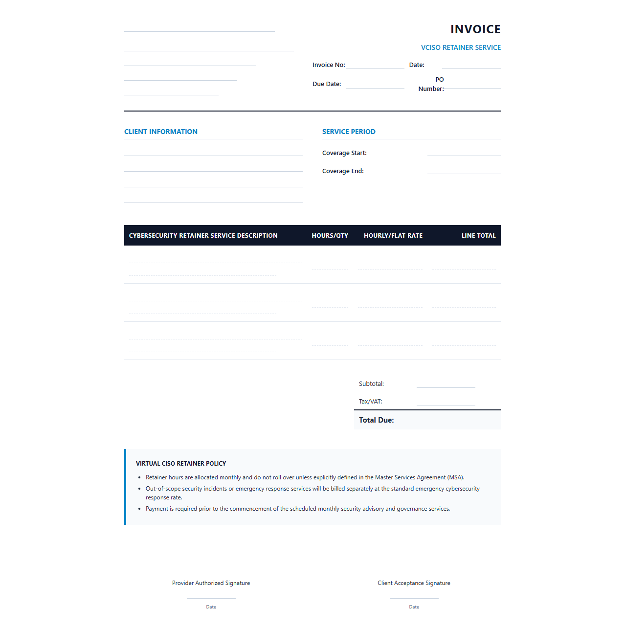 Virtual Chief Information Security Officer Retainer Invoice