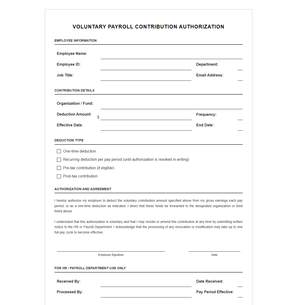 Voluntary Payroll Contribution Authorization Template