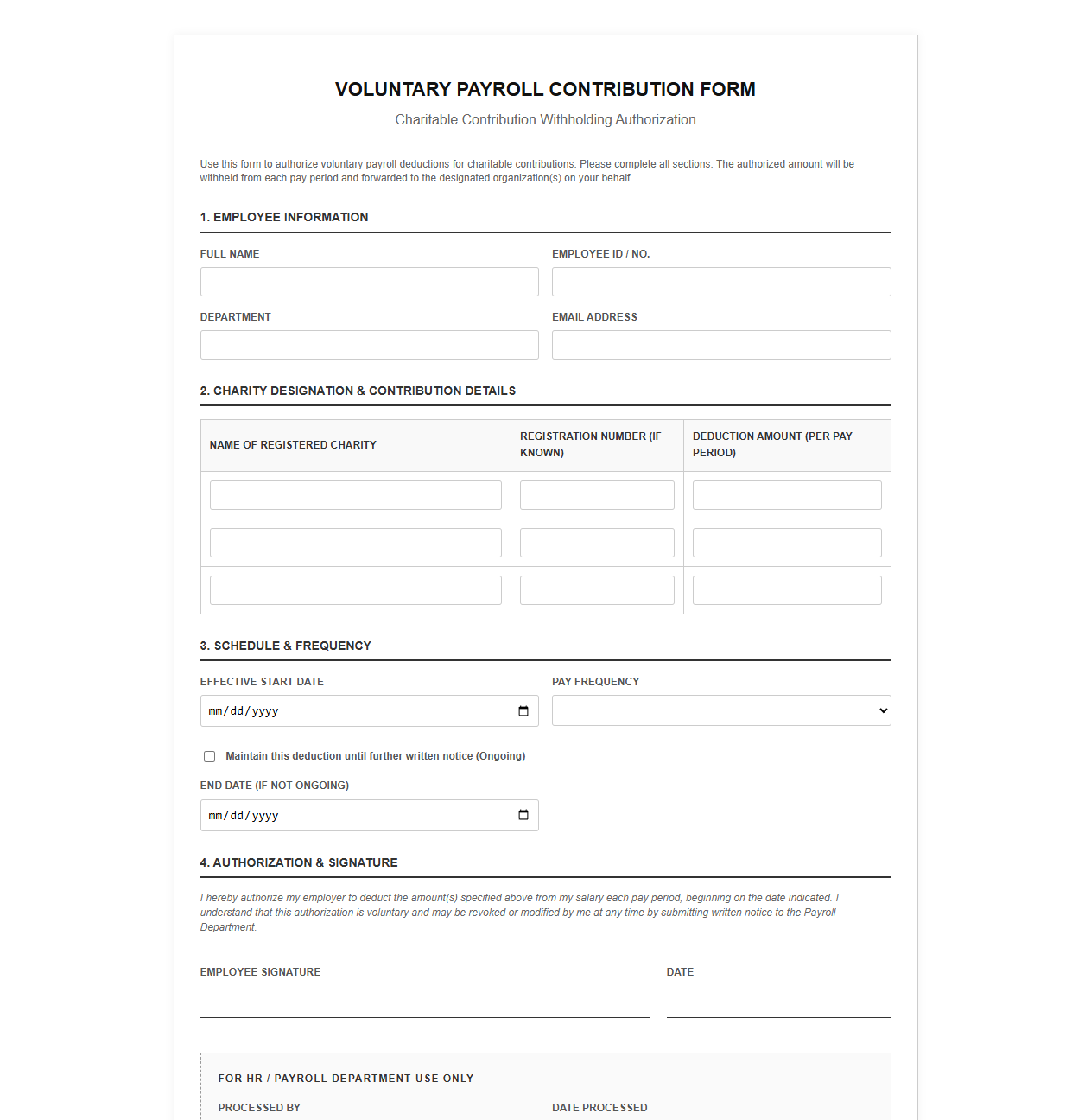 Voluntary Payroll Contribution Form for Charities