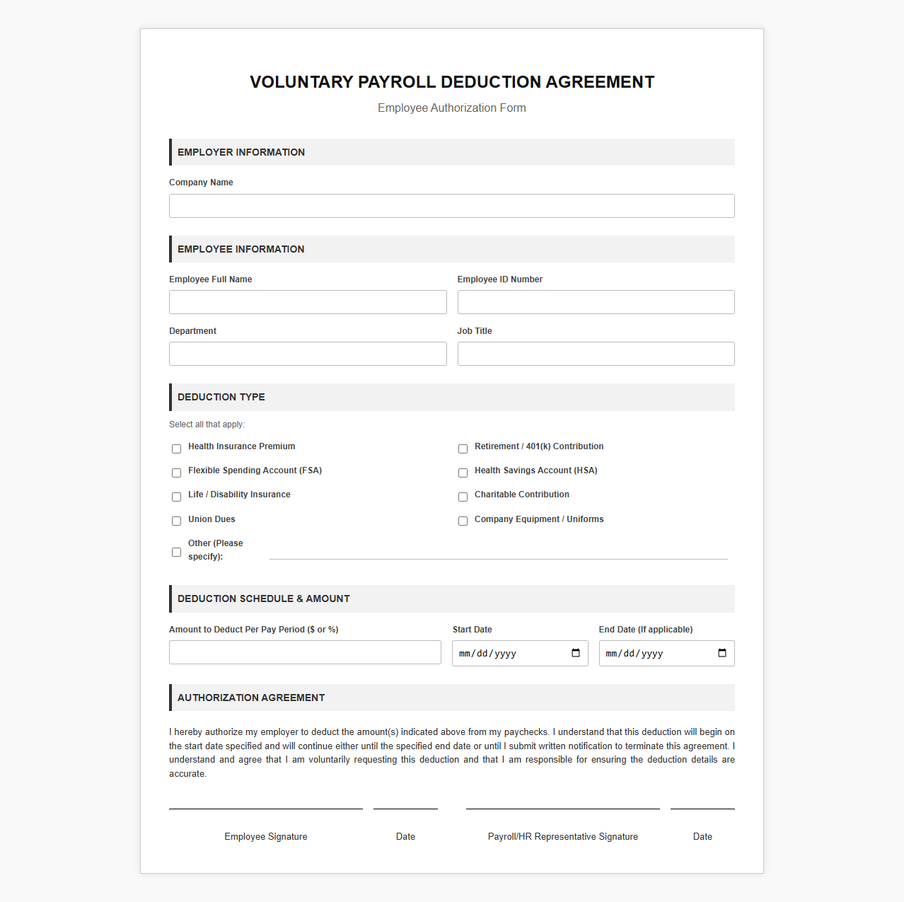 Voluntary Payroll Deduction Agreement Form