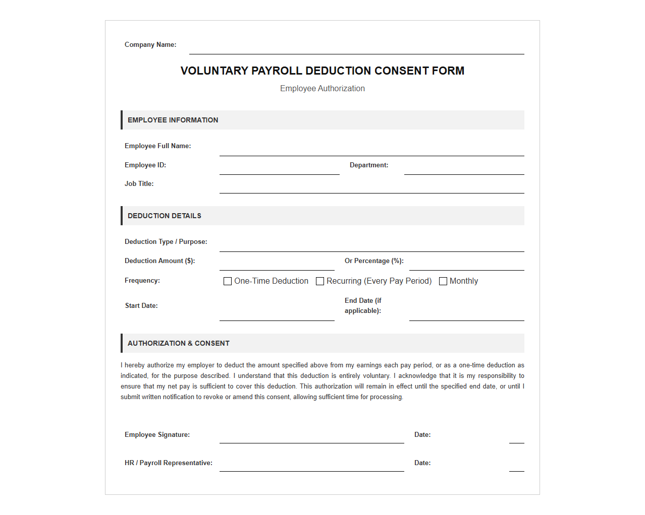 Voluntary Payroll Deduction Consent Form