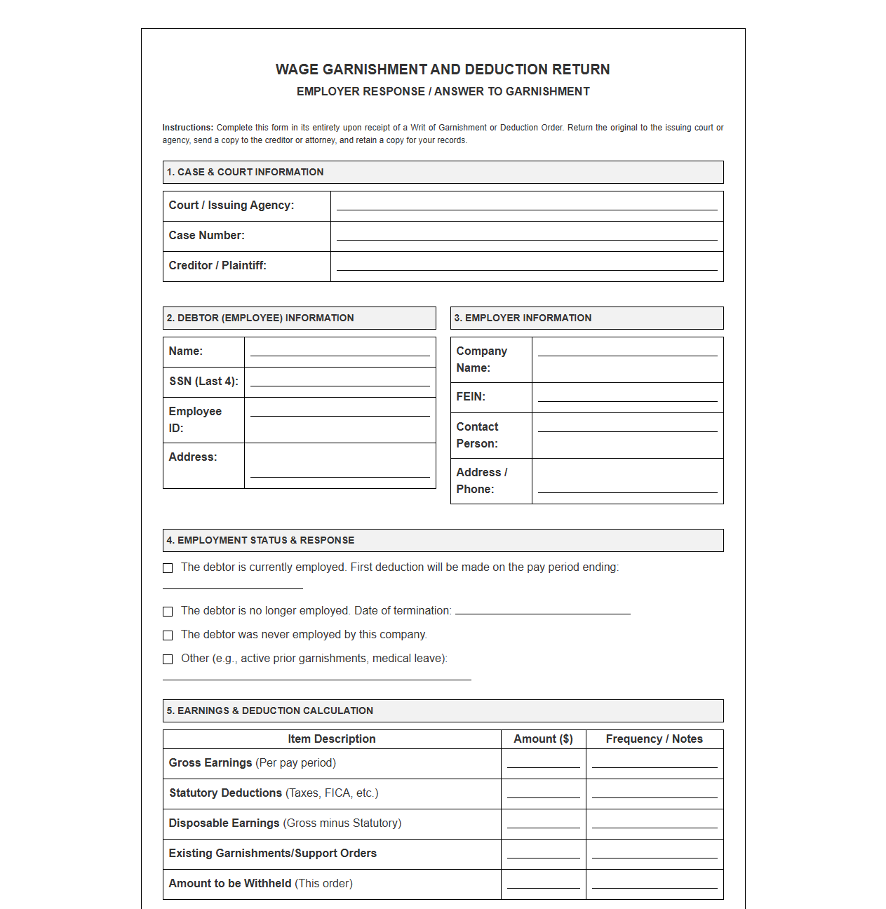Wage Garnishment and Deduction Return Form