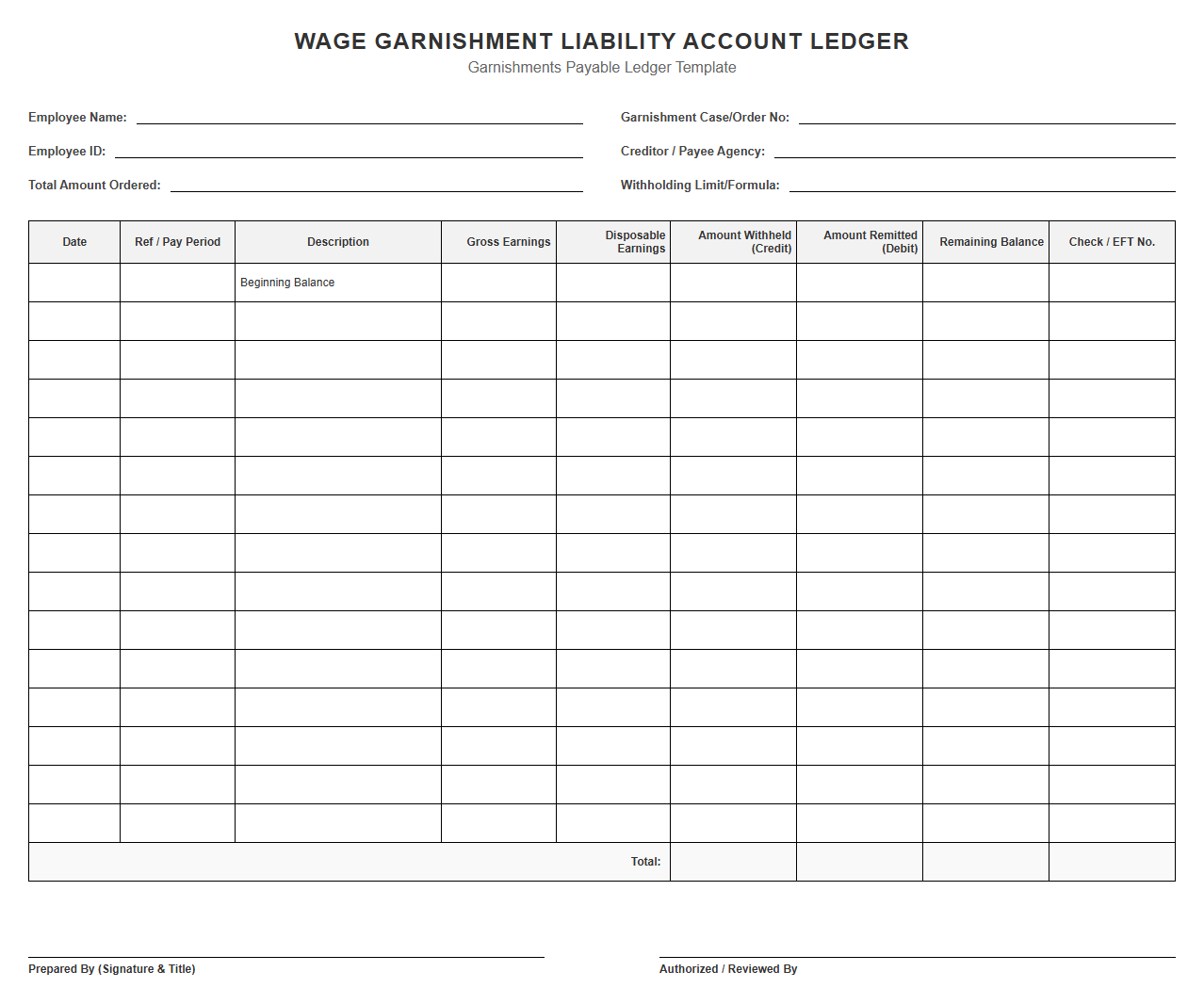 Wage Garnishment Liability Account Ledger