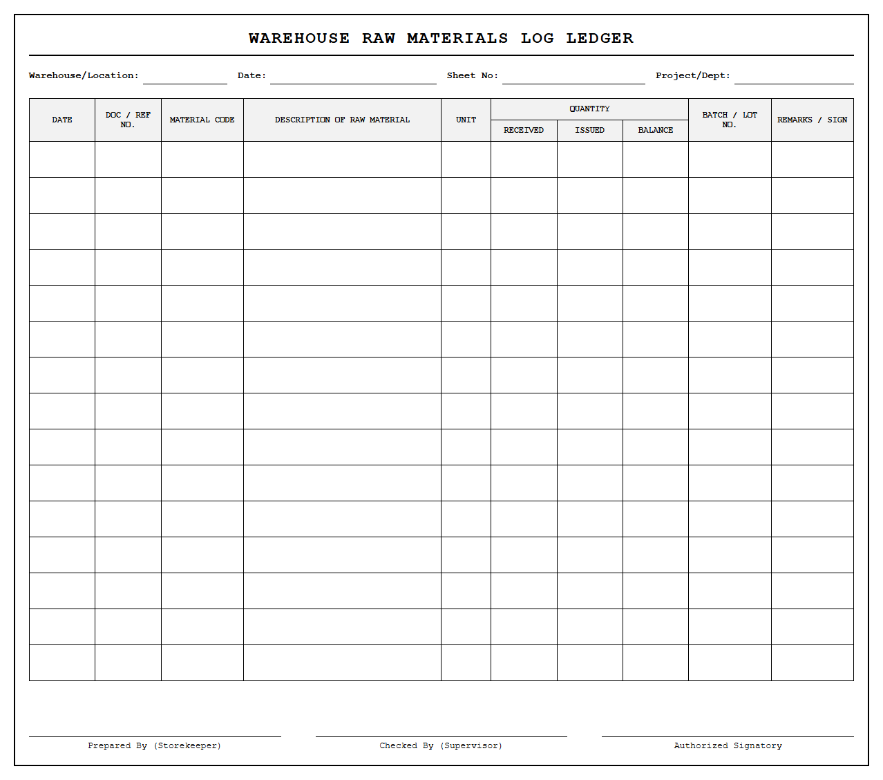 Warehouse Raw Materials Log Ledger