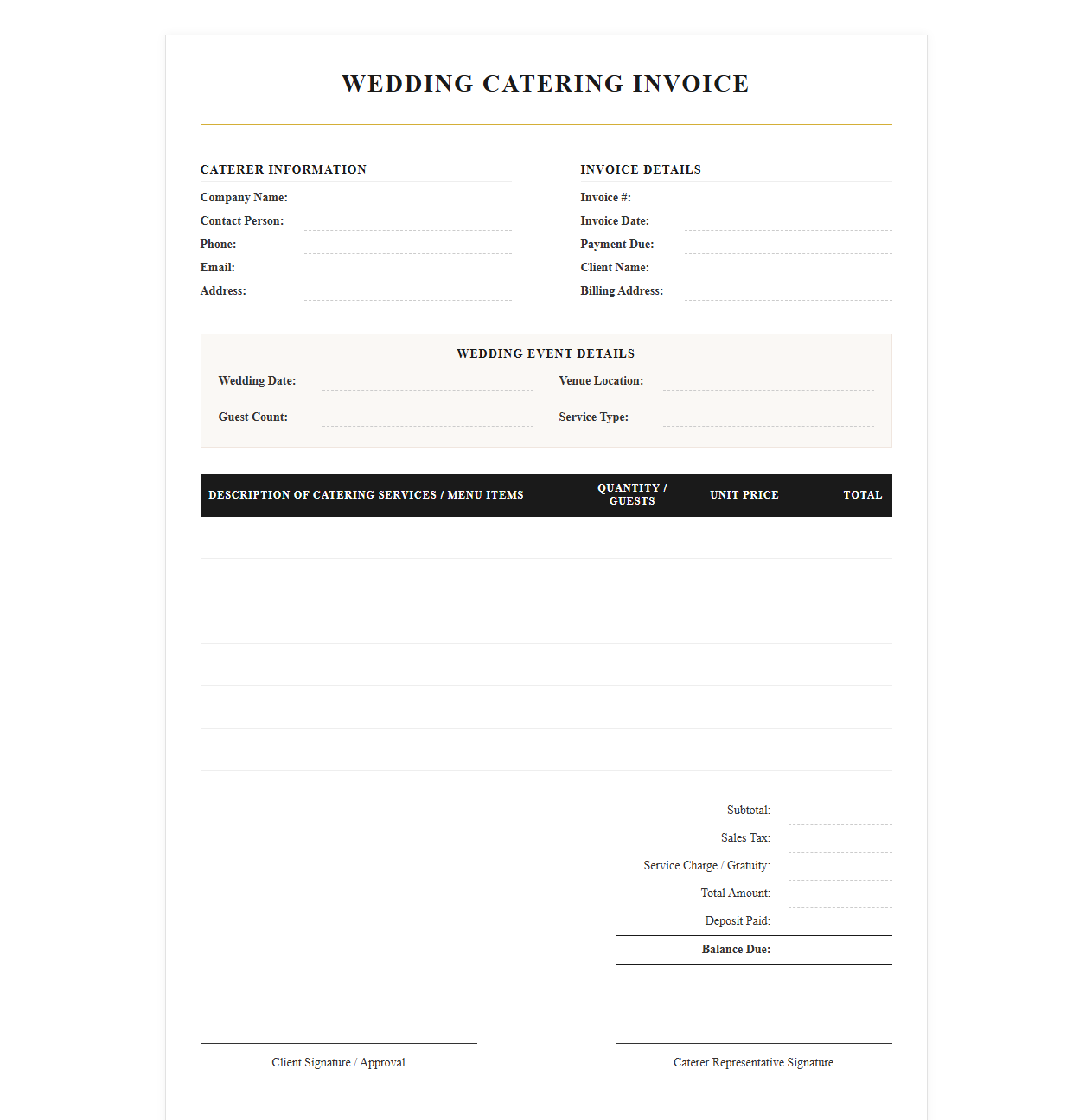 Wedding Catering Service Invoice Template