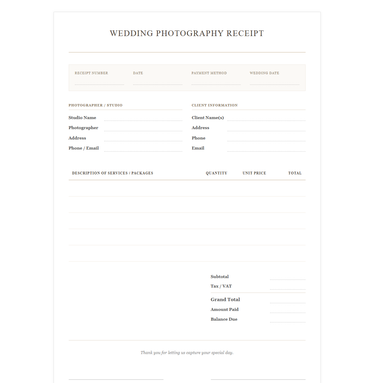 Wedding Photography Service Receipt Template