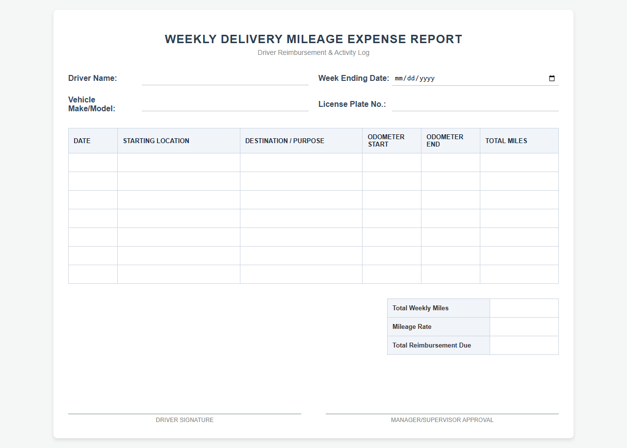 Weekly Delivery Mileage Expense Spreadsheet