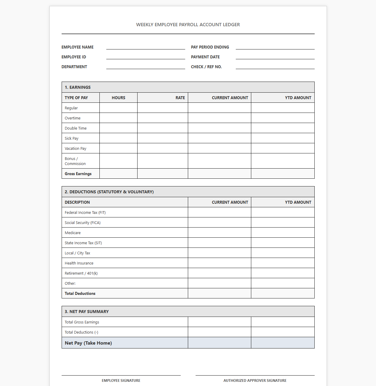 Weekly Employee Payroll Account Ledger
