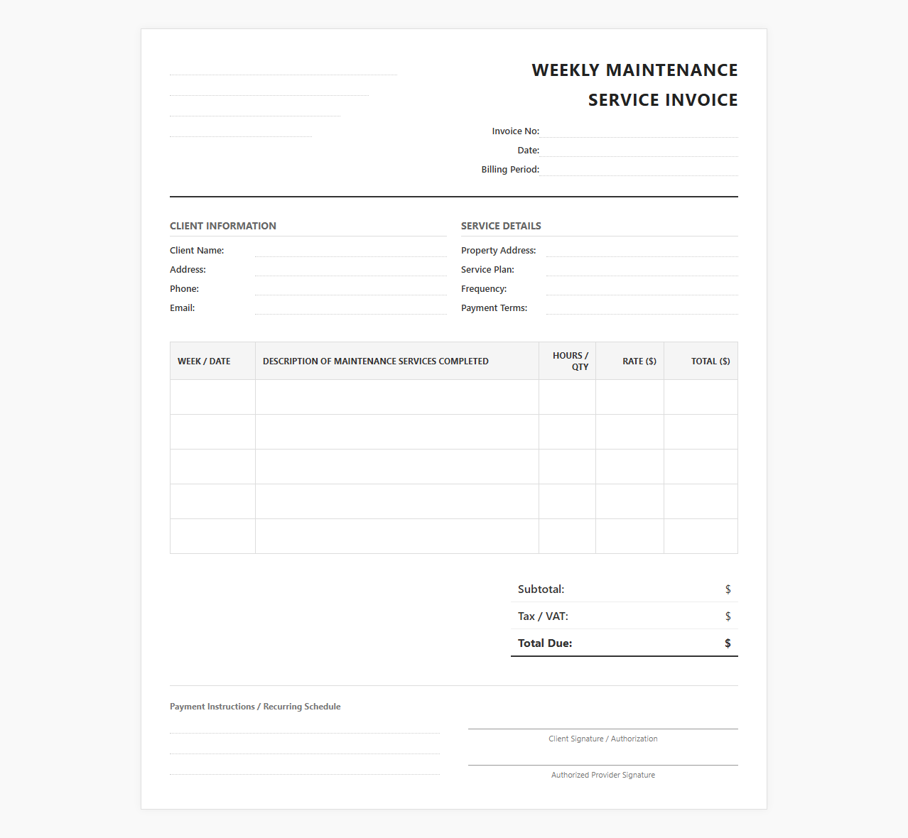 Weekly Maintenance Service Invoice Form