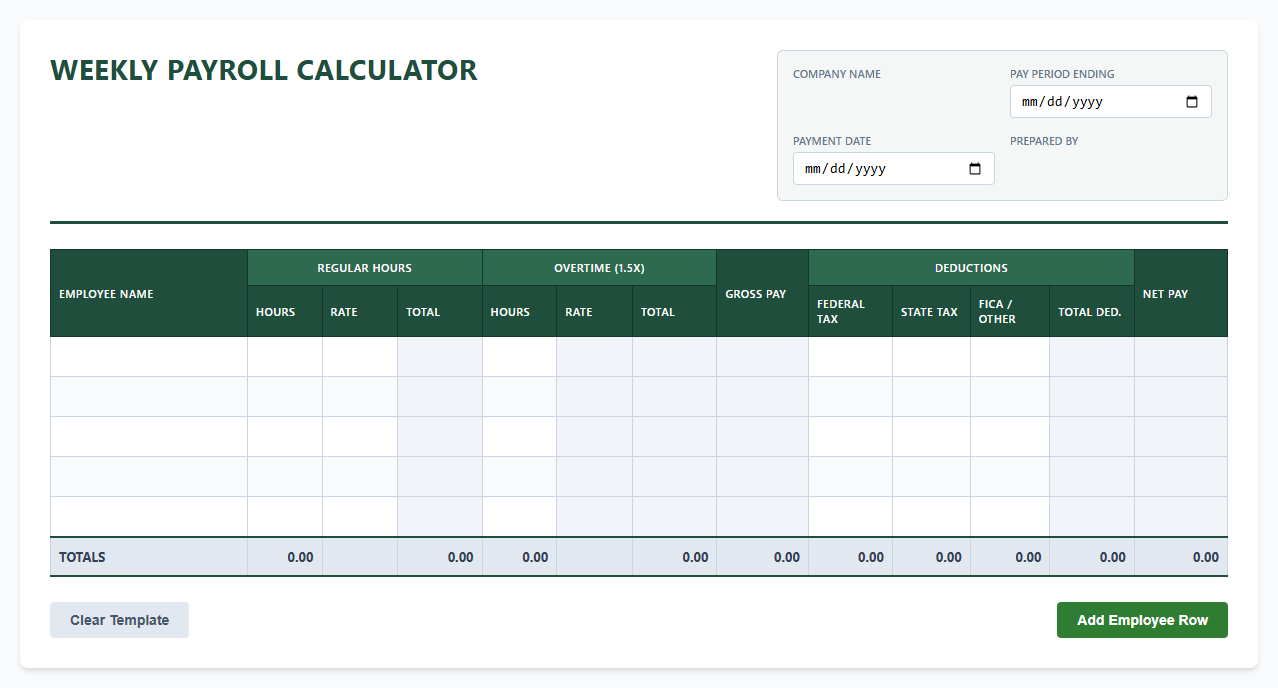Weekly Payroll Calculator Spreadsheet