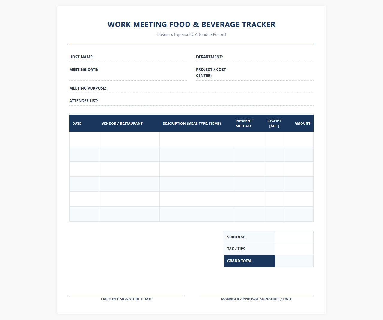 Work Meeting Food and Beverage Tracker