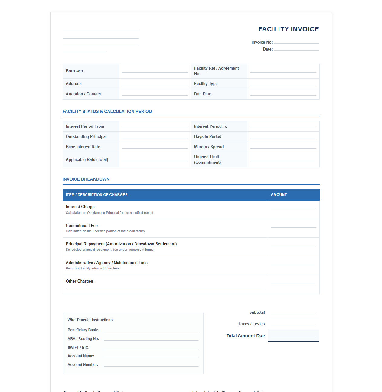 Working Capital Credit Facility Invoice Template