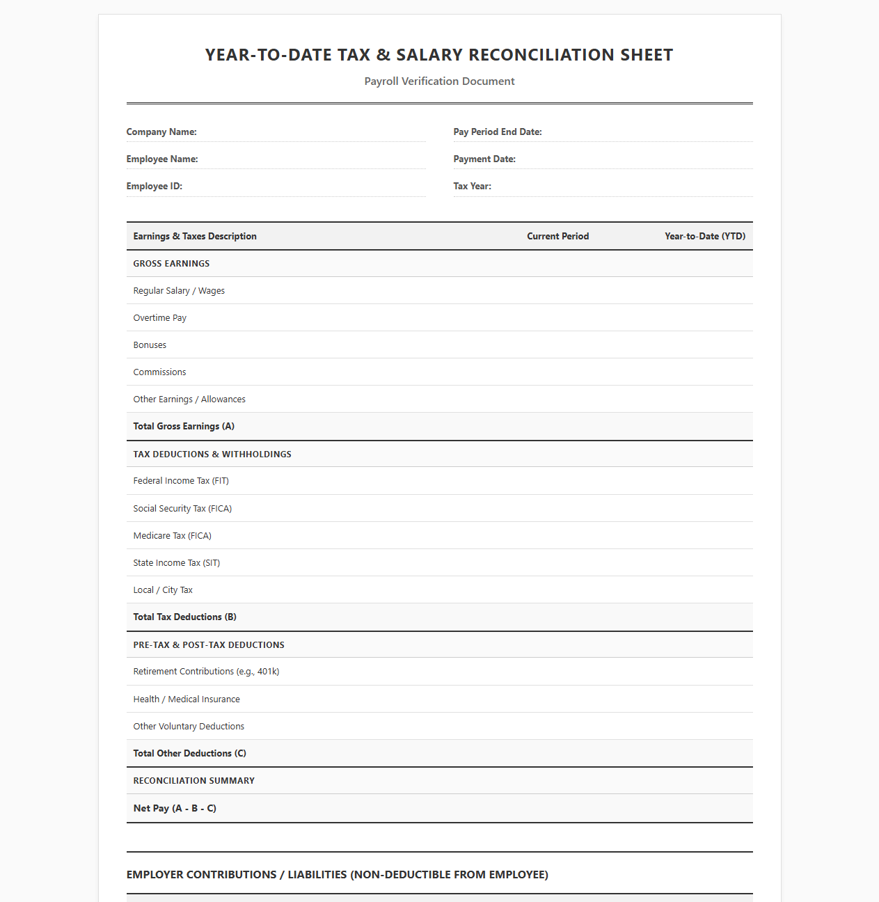 Year-to-Date Tax and Salary Reconciliation Sheet