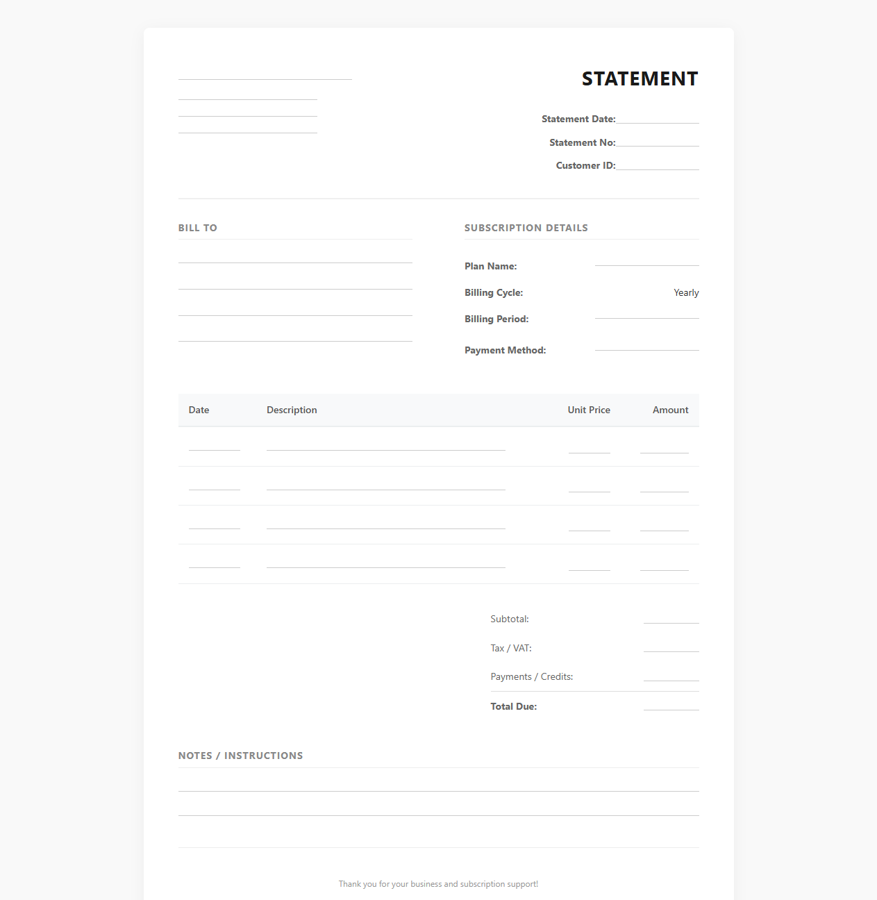 Yearly Subscription Billing Statement Template