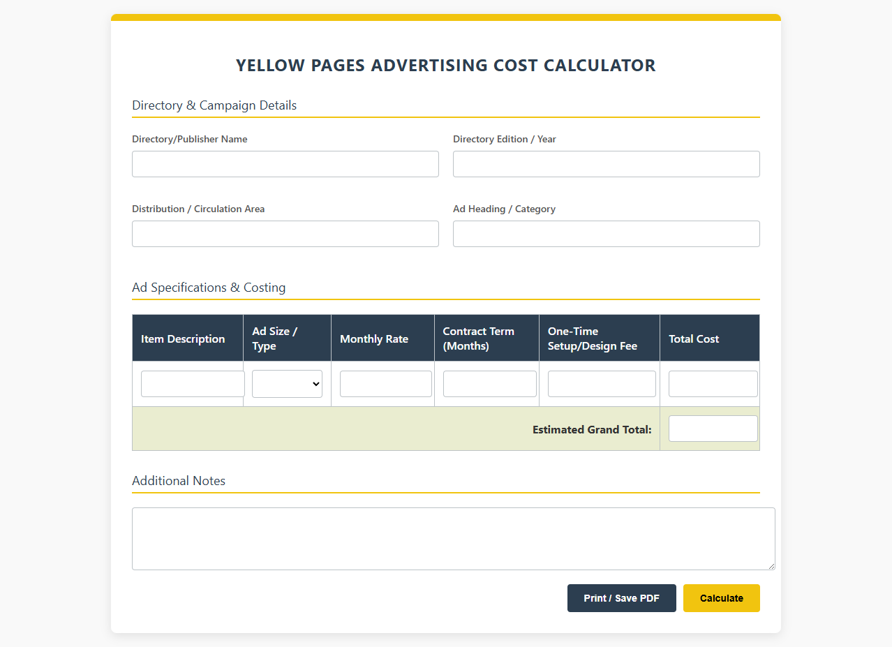 Yellow Pages Advertising Cost Calculator
