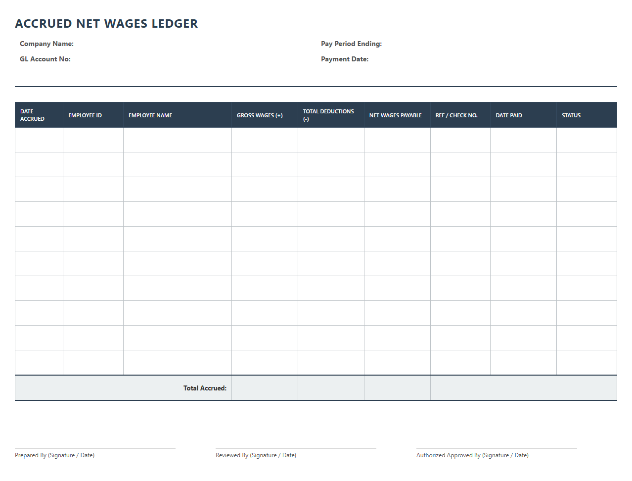 Accrued Net Wages Ledger Template