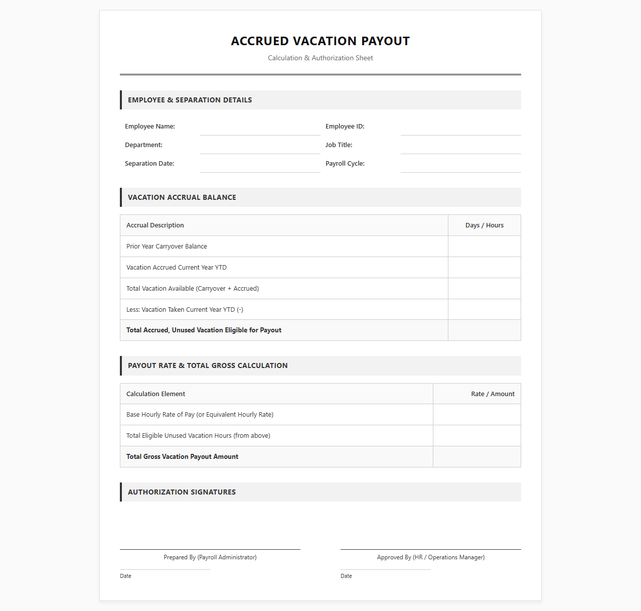 Accrued Vacation Payout Calculation Sheet