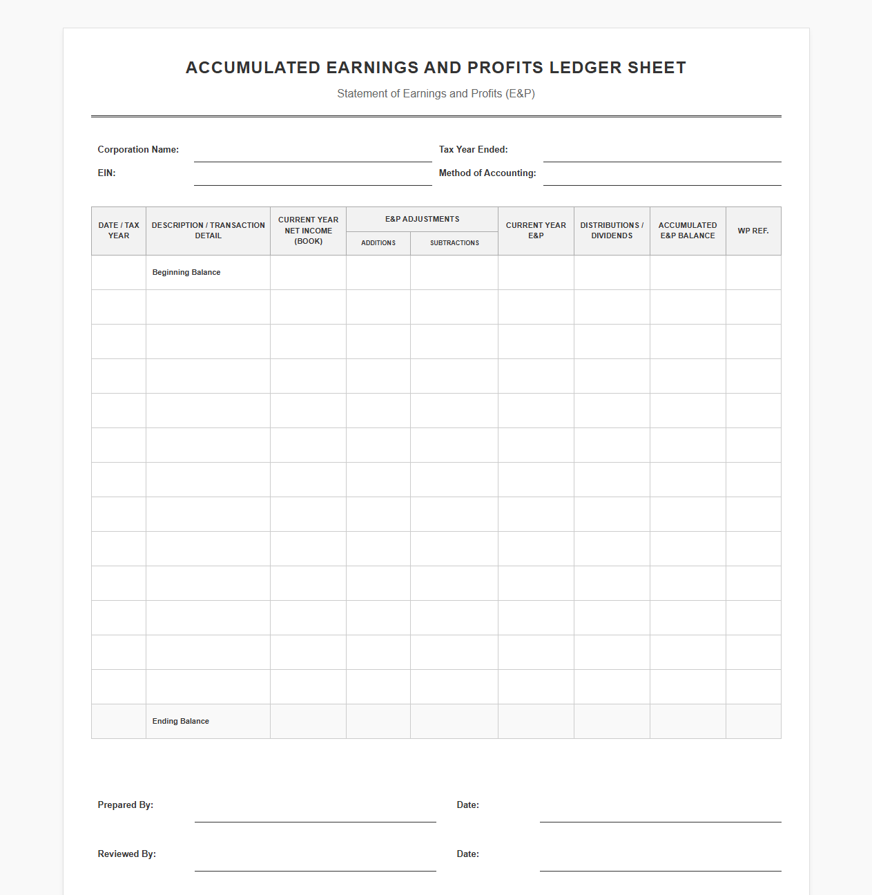 Accumulated Earnings and Profits Ledger Sheet